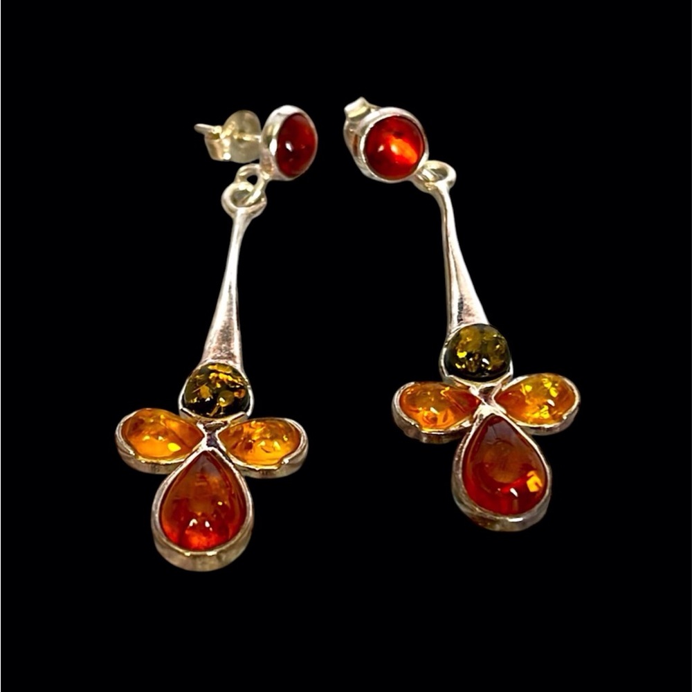 Sterling Silver Amber Dangle Post Earrings